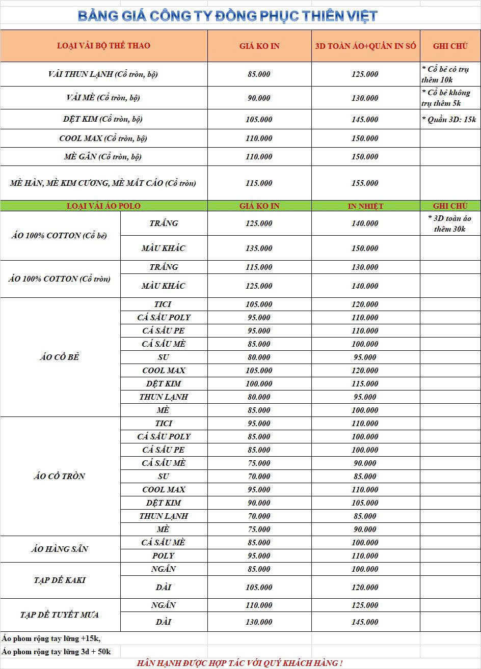 Bảng báo giá đồng phục Thiên Việt