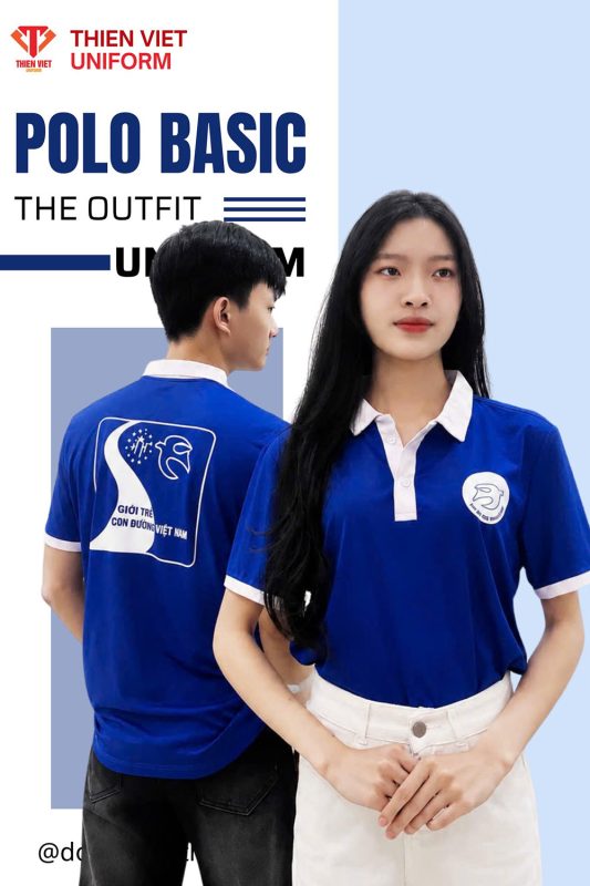 Áo Thun Polo Xanh Dương Basic Phối Trắng Có Logo