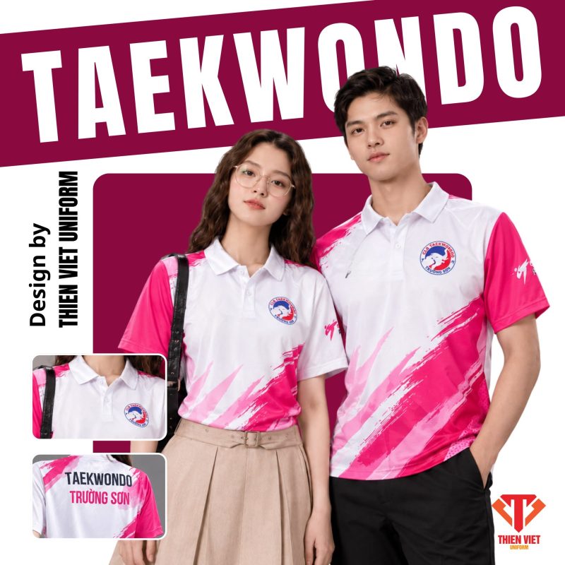 Đồng Phục Áo Thun Polo Taekwondo Trắng Hồng Thiên Việt