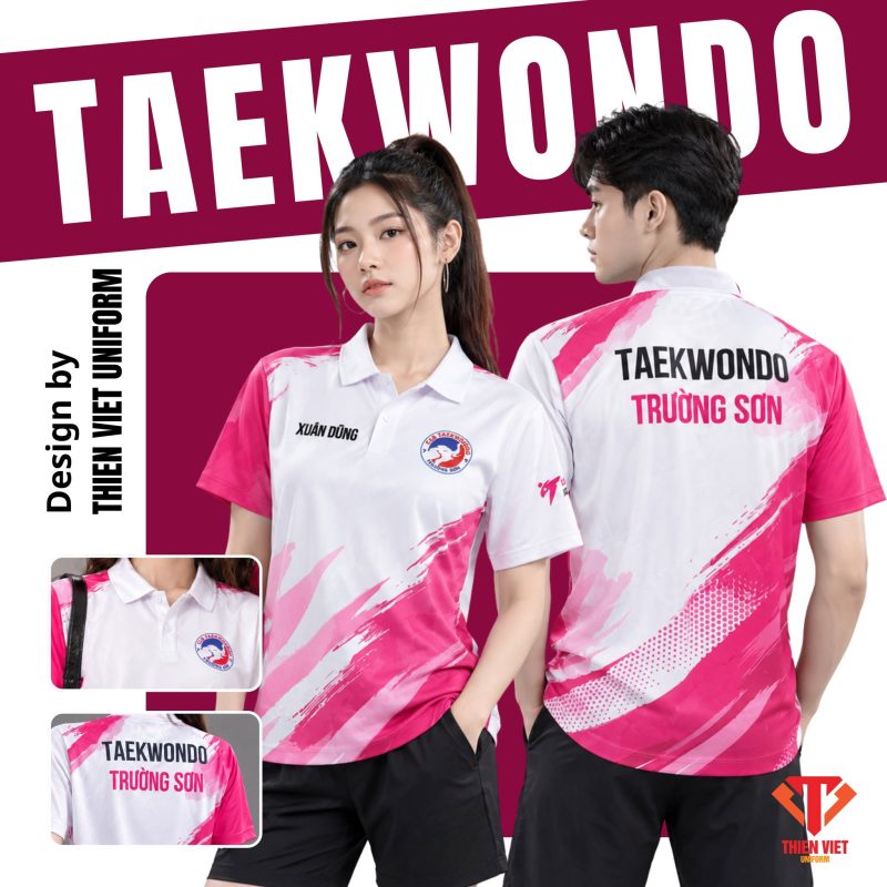 Đồng Phục Áo Thun Polo Taekwondo Trắng Hồng Năng Động